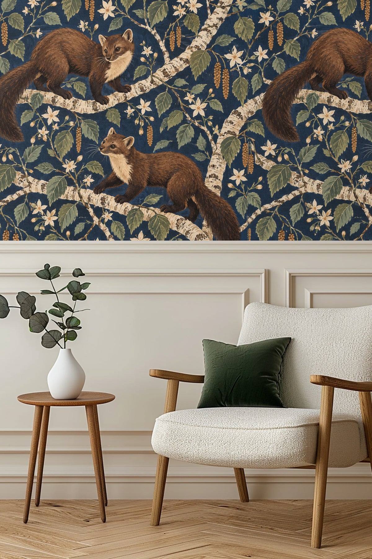 Martens depicted in natural poses, balanced with elegant birch bark texture and leafy branches spread anatomically.