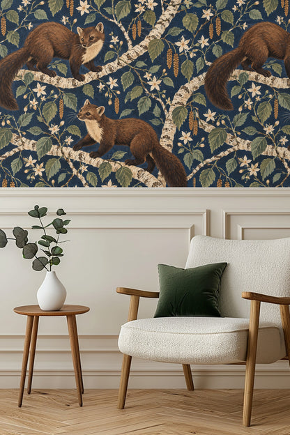 Martens depicted in natural poses, balanced with elegant birch bark texture and leafy branches spread anatomically.