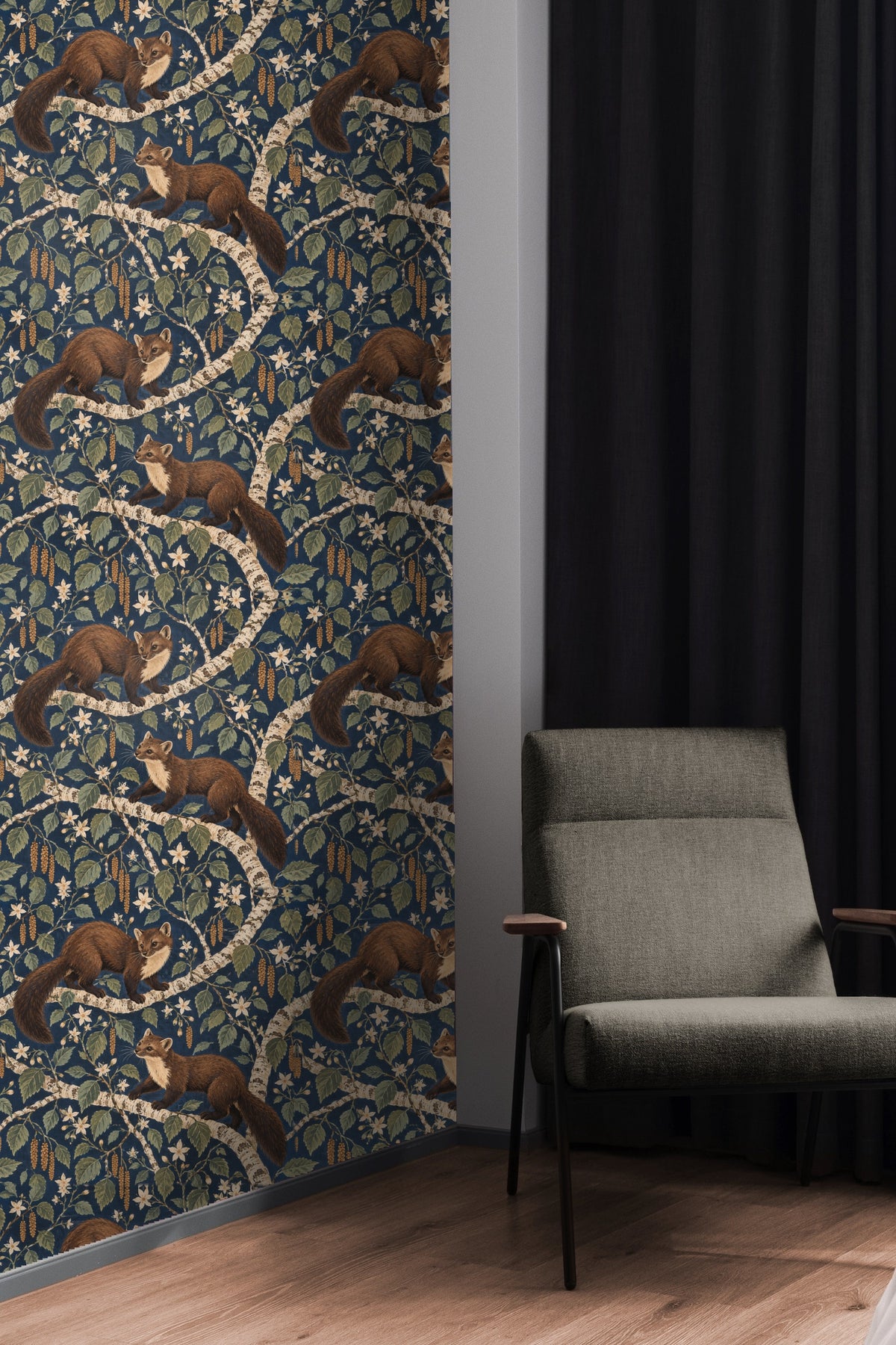 Living room with orange sofa and large Starry Birch Martens wallpaper mural featuring martens on birch branches with floral elements.