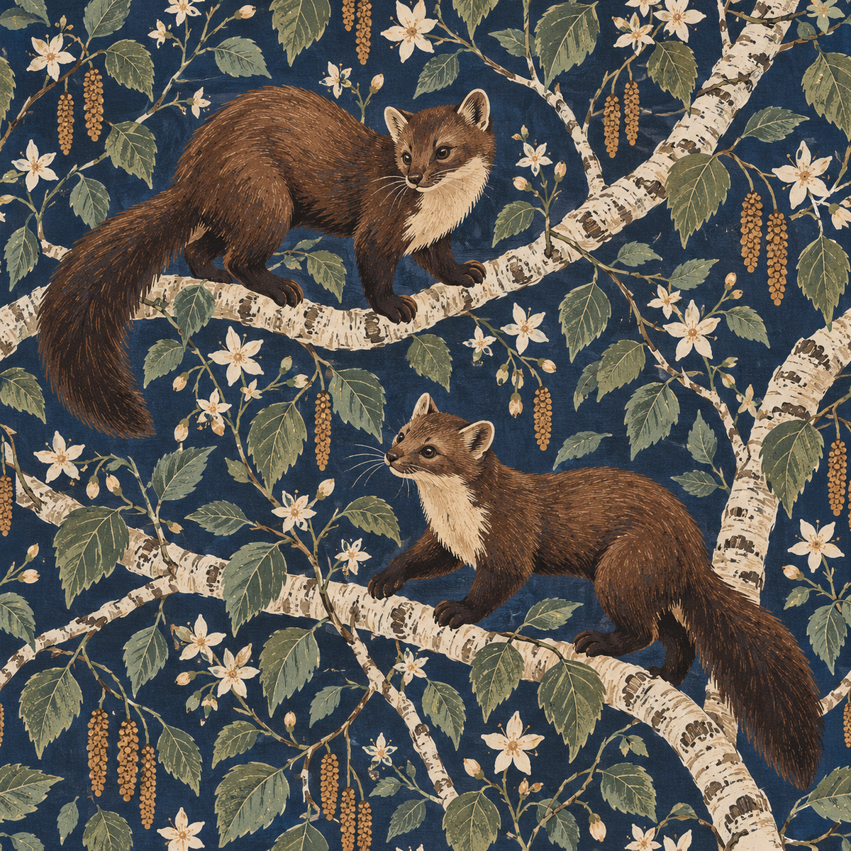 Scale impression showing repeated pattern of wildlife and flowering birch branches over a large wall surface.