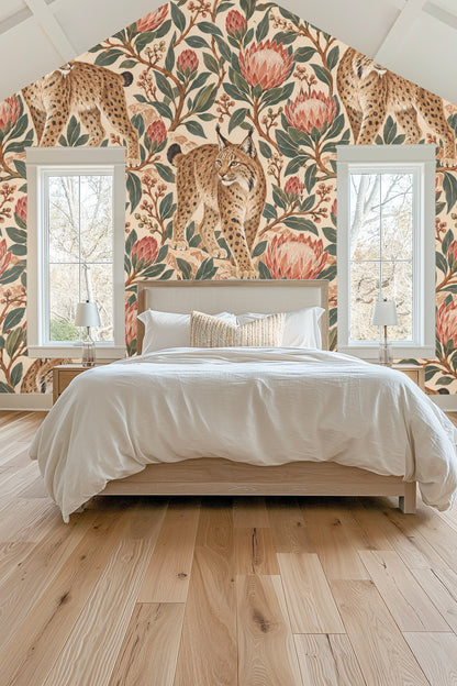 Segment of wallpaper showing overlapping leafy branches and protea flowers with berry clusters.