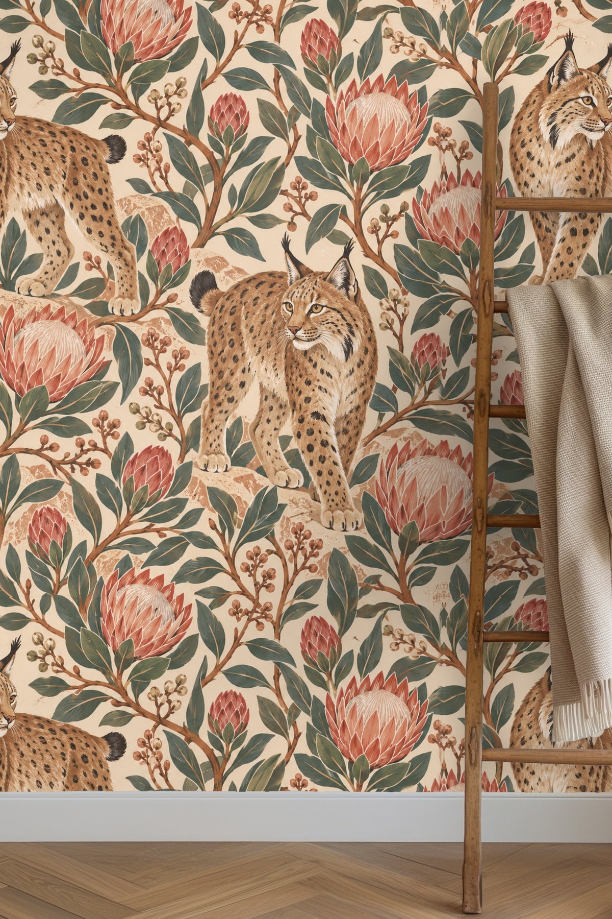 Close-up of lynx details showing spotted fur patterns and attentive expression within floral wallpaper.
