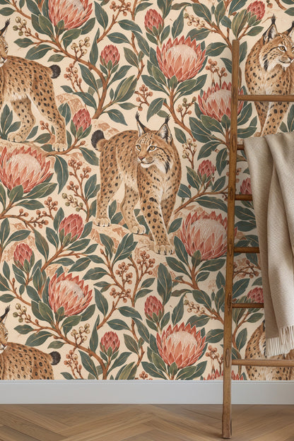 Close-up of lynx details showing spotted fur patterns and attentive expression within floral wallpaper.