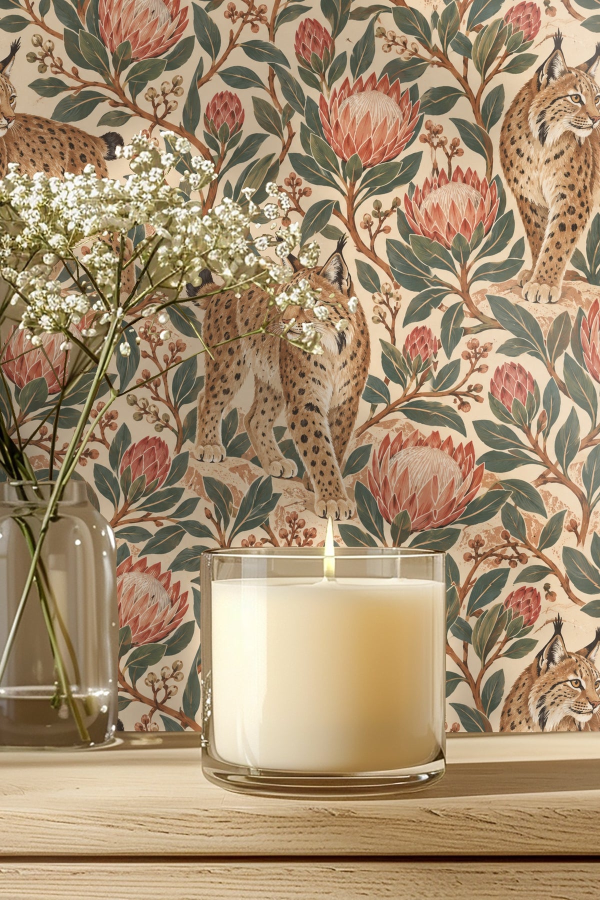 Laundry room with washing machine under window, wooden countertop, and shelves, framed by rust and green protea-lynx wallpaper.