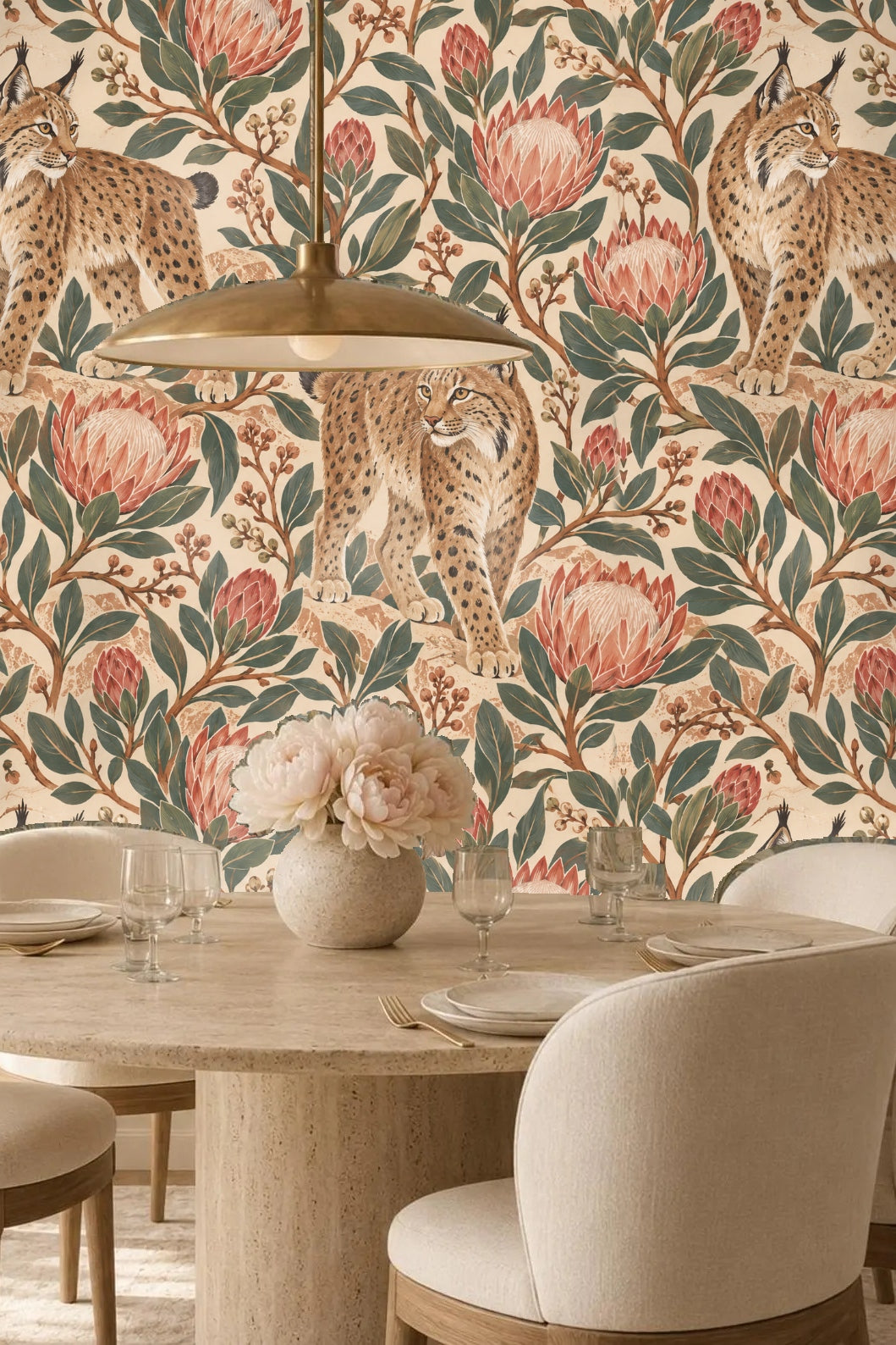 Corner view highlighting pattern repetition and scale with lynx and protea flowers on soft beige backdrop.