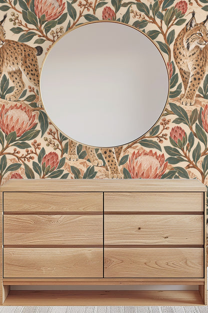 Profile of attentive lynx head with expressive eyes framed by botanical elements.