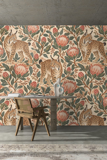 Branches with oval leaves and ripe berries intertwining with lynx figures in wallpaper design.