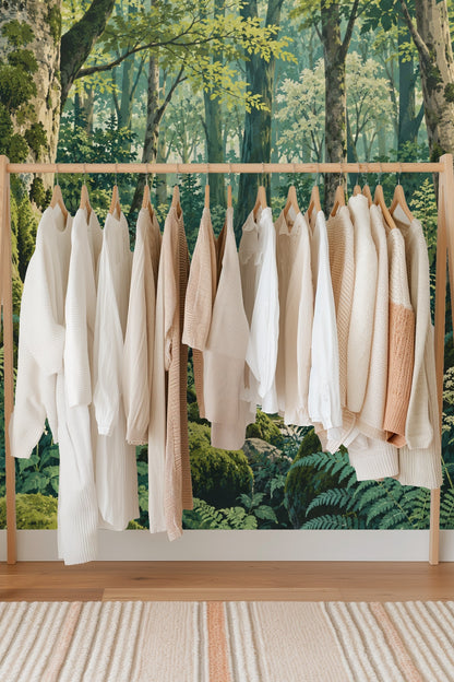 Wide angle of the wallpaper in a living space emphasizing the depth of the forest design.