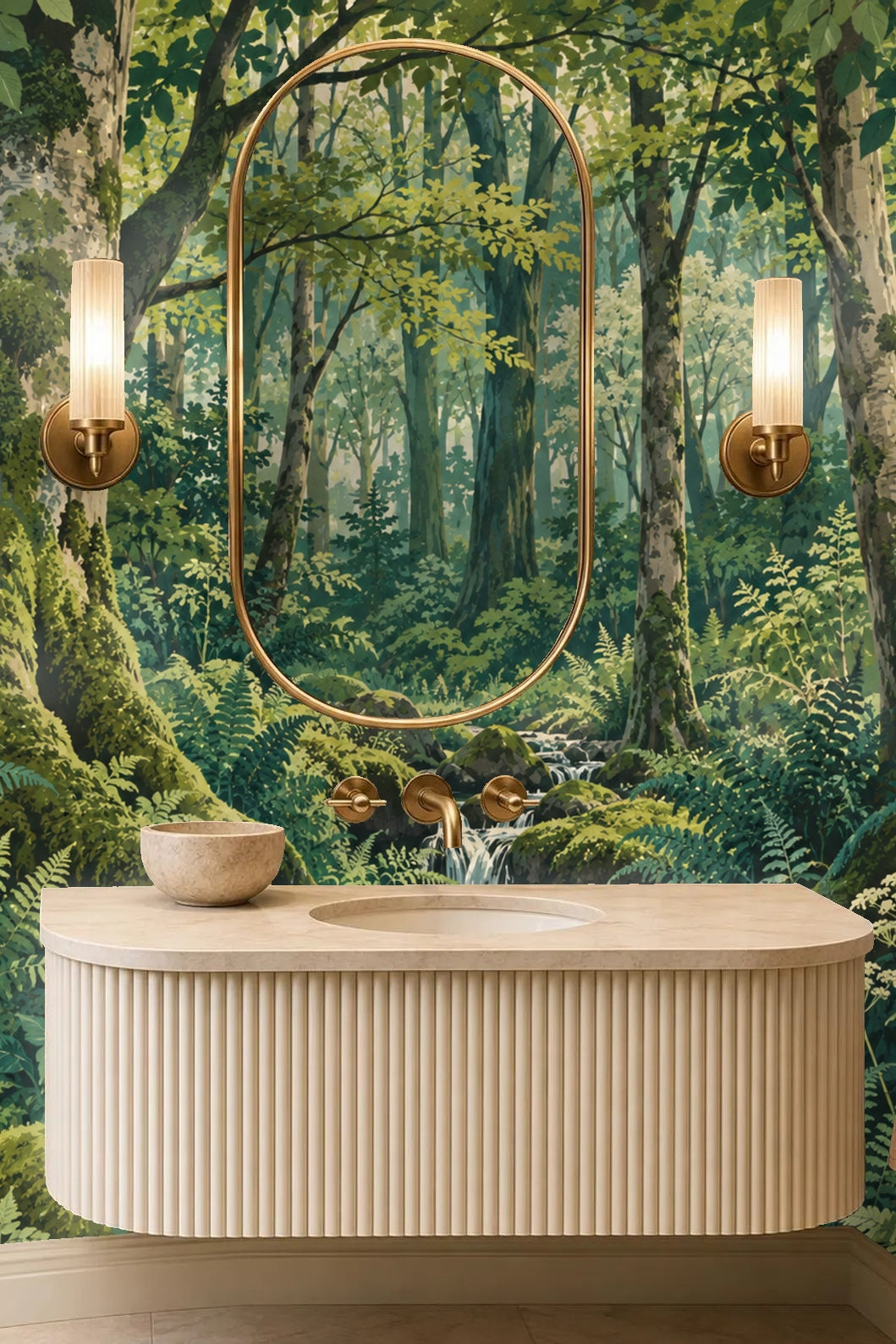 Area of wallpaper showing layered ferns and leafy undergrowth with soft light.