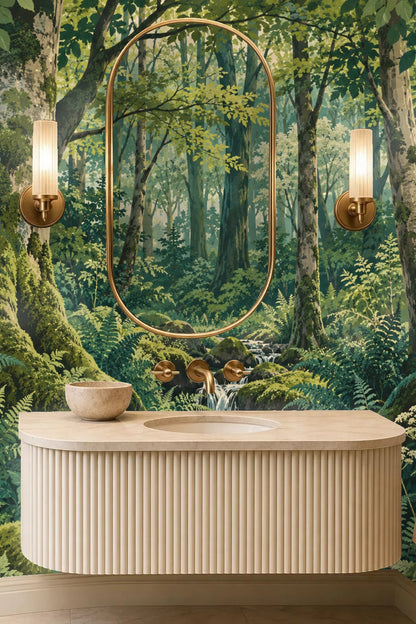 Area of wallpaper showing layered ferns and leafy undergrowth with soft light.