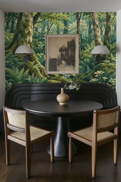 Detail of wallpaper pattern highlighting the interplay of shadow and light on foliage.