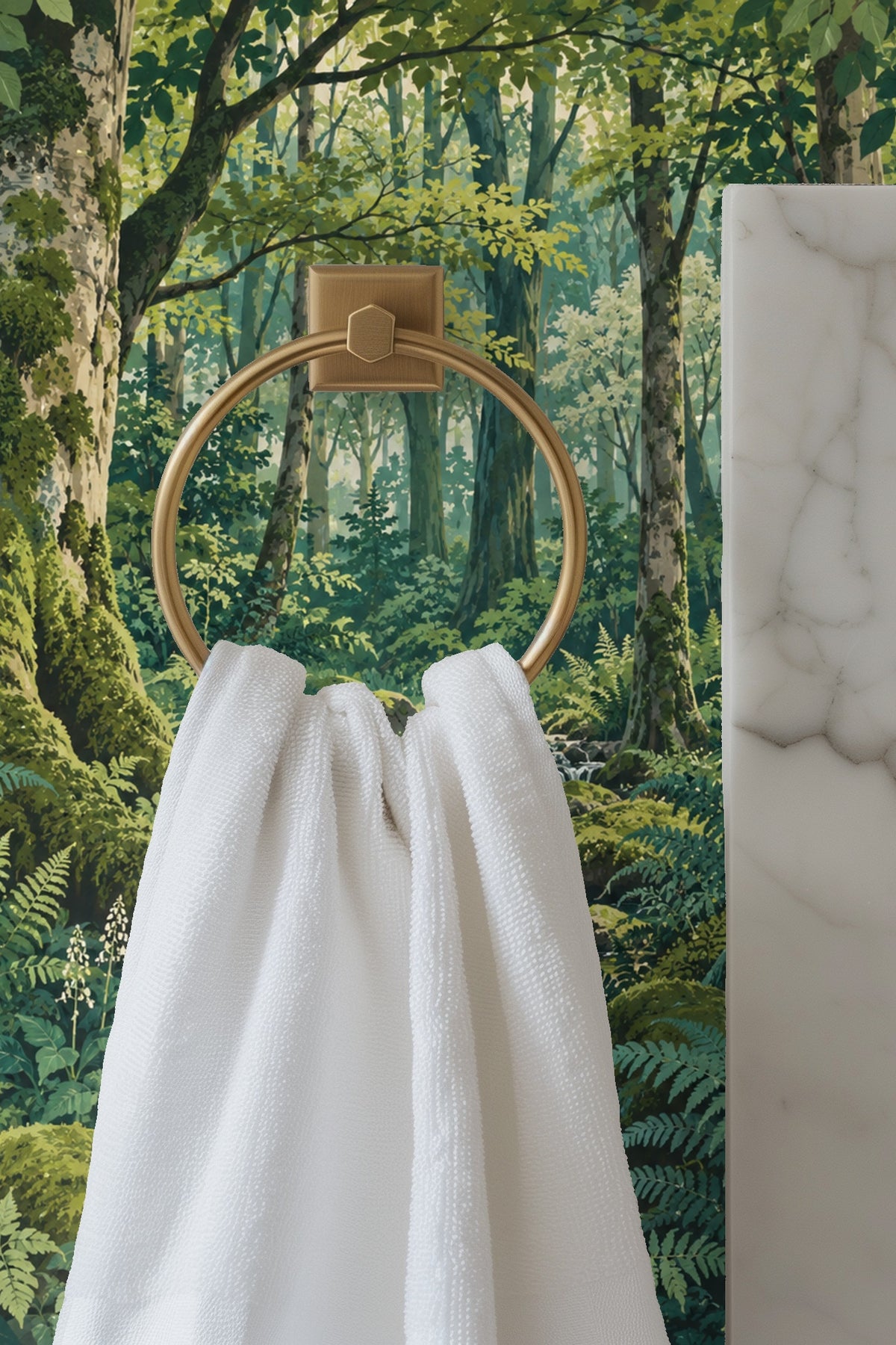 Close-up showing the intricate moss and fern textures on the wallpaper.