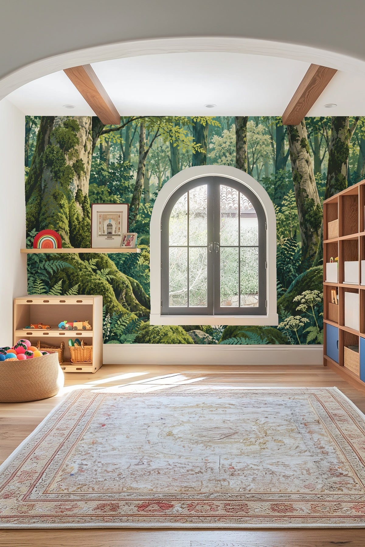 Mossy Glade Cascade wallpaper section emphasizing the birch tree bark textures.