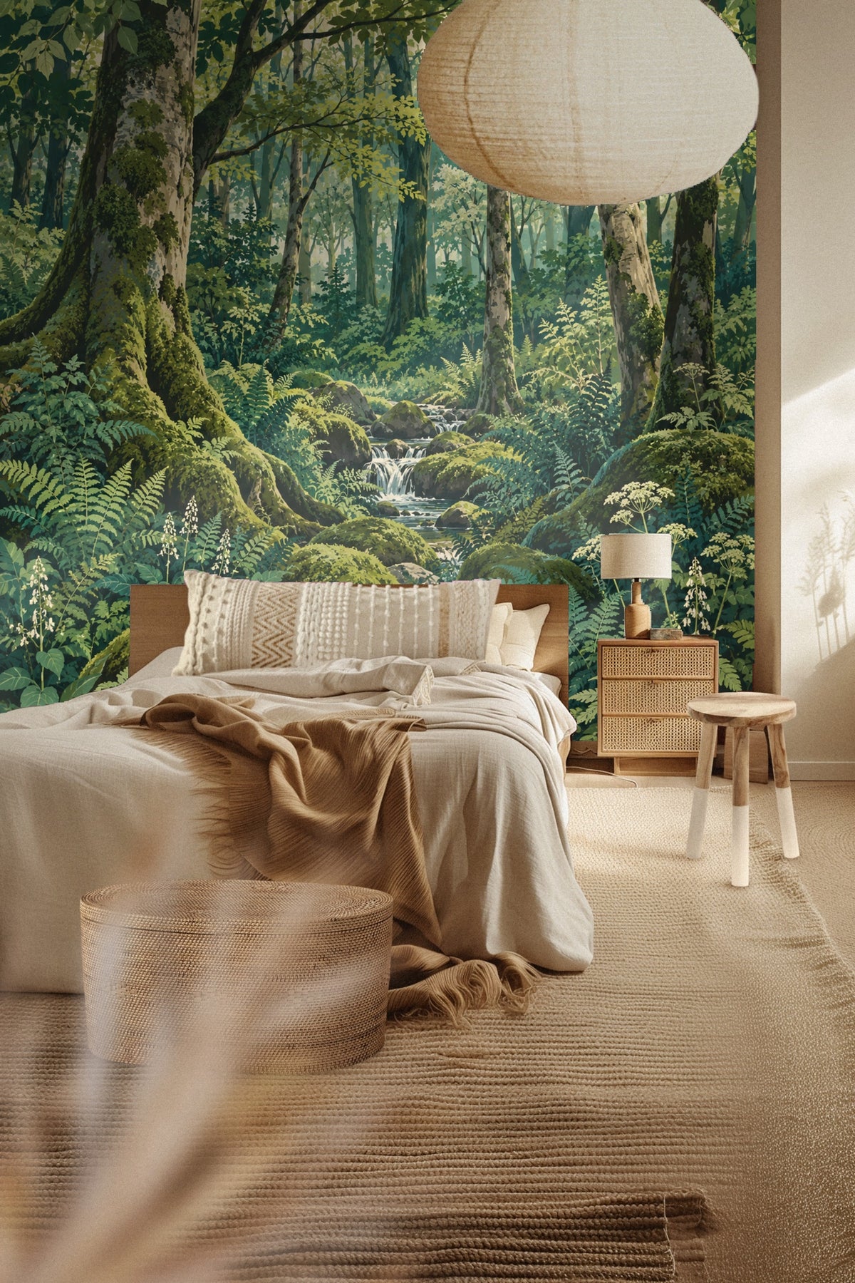 Entryway with an arched niche featuring the Mossy Glade Cascade wallpaper and a circular mirror reflecting interior light.
