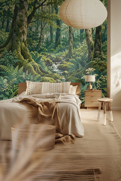 Entryway with an arched niche featuring the Mossy Glade Cascade wallpaper and a circular mirror reflecting interior light.