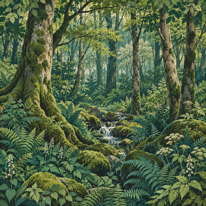 Overall composition including tall trees and lush understory in a calming natural palette.