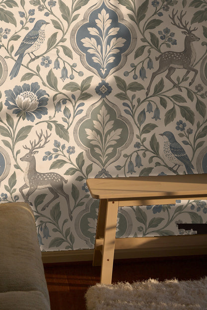 Patina Moon Medallions wallpaper shown in an interior setting