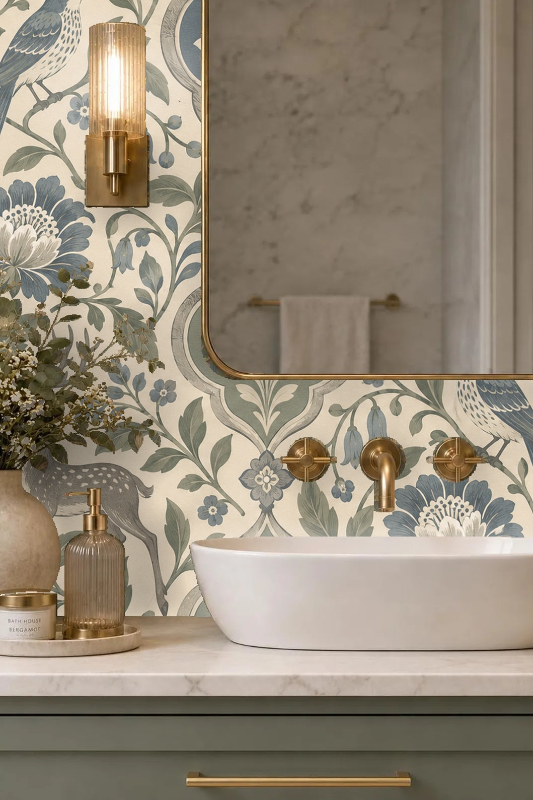 Patina Moon Medallions wallpaper shown in an interior setting