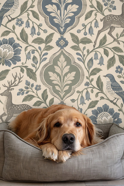 Patina Moon Medallions wallpaper shown in an interior setting