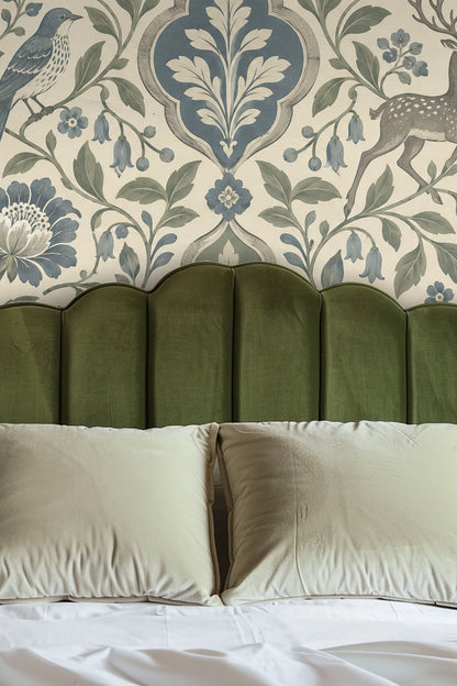 Detailed close-up of Patina Moon Medallions wallpaper pattern showing deer, birds, and floral medallions