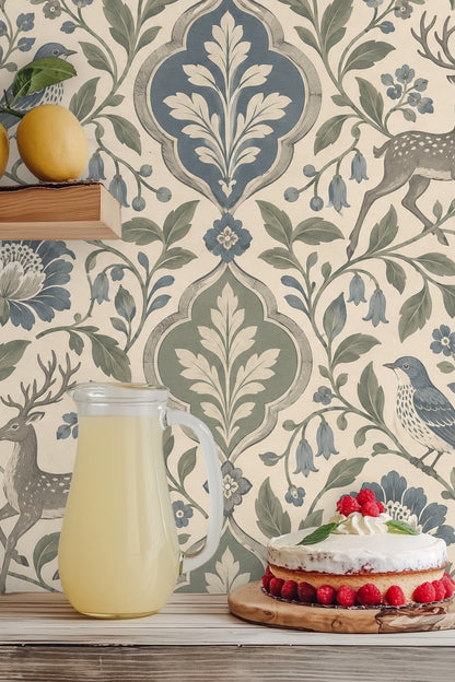 Patina Moon Medallions wallpaper shown in an interior setting