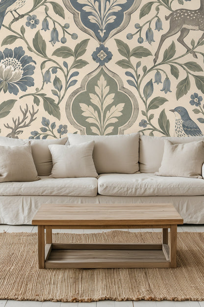 Bedroom wall featuring Patina Moon Medallions wallpaper behind olive green scalloped headboard and cream pillows