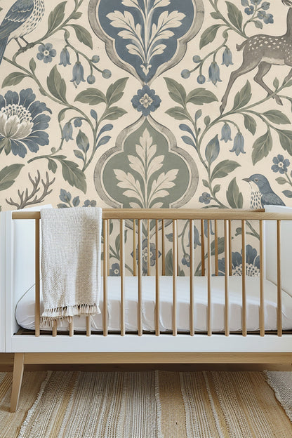 Patina Moon Medallions wallpaper shown in an interior setting
