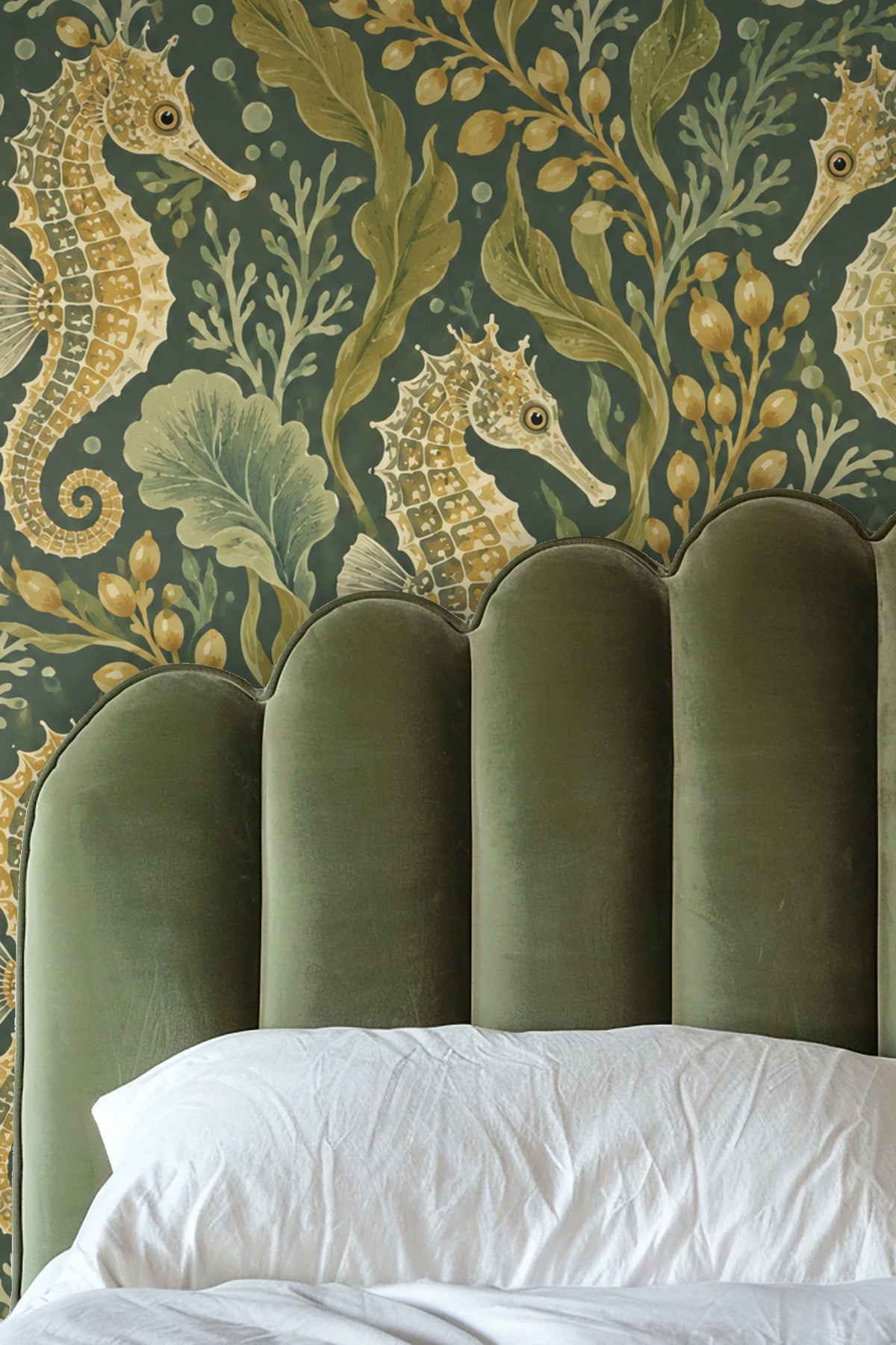 Close-up view of seahorse and seaweed wallpaper behind brown leather chair and marble side table