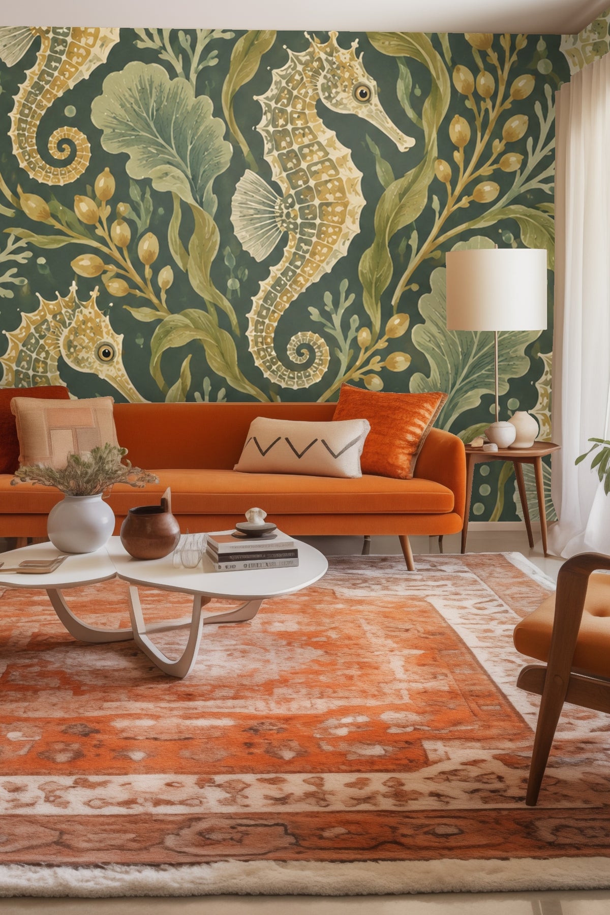 Living room with large-scale seahorse and seaweed wallpaper behind burnt orange sofa