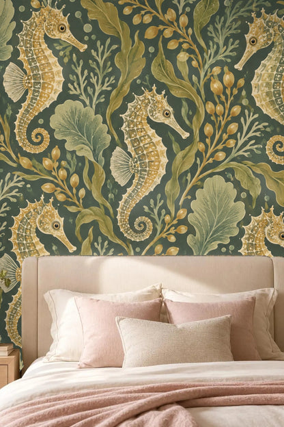 Multicolored underwater plant life and seahorses create repeating pattern on wallpaper