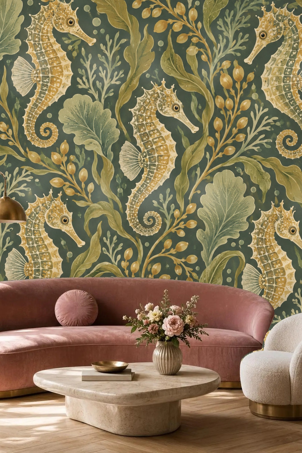 Interior view with seahorse wallpaper and mid-century modern furniture