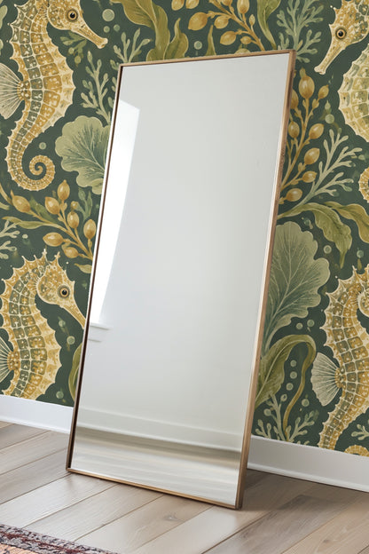 Textured brushwork visible on seaweed leaves in deep teal oceanic wallpaper