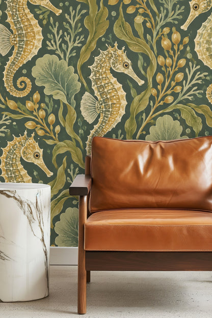 Wallpaper pattern with detailed seahorses and sargassum seaweed on teal background