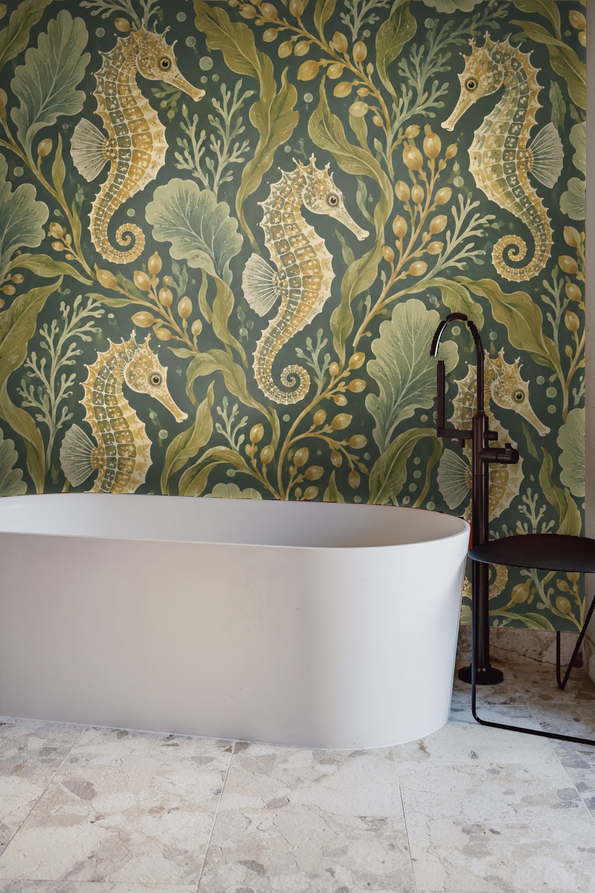 Vintage naturalist style seahorse with intricate spines on botanical underwater wallpaper