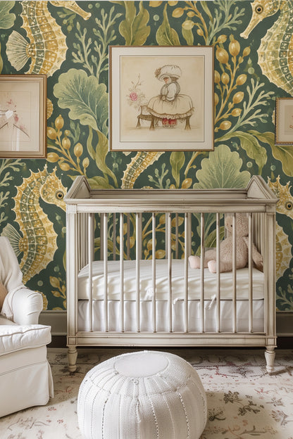 Detail of golden seahorse swimming amid green kelp leaves and sea bubbles in wallpaper design