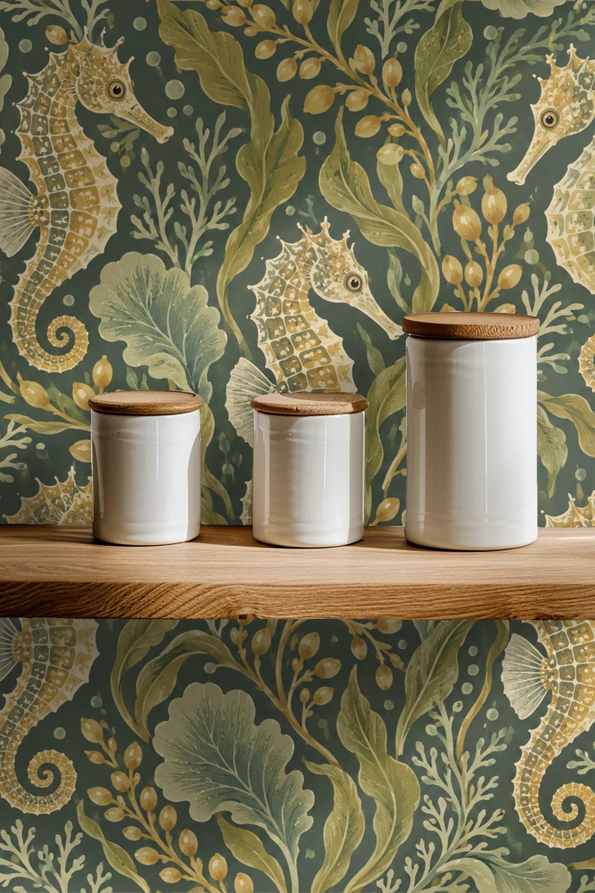 Sea bubbles and golden seaweed pods scattered across a dark blue-green wallpaper