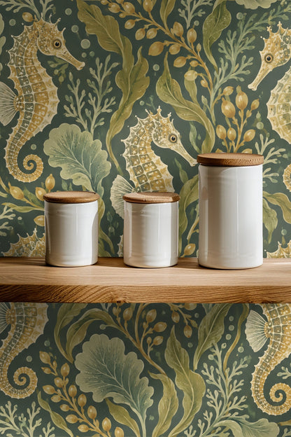 Sea bubbles and golden seaweed pods scattered across a dark blue-green wallpaper