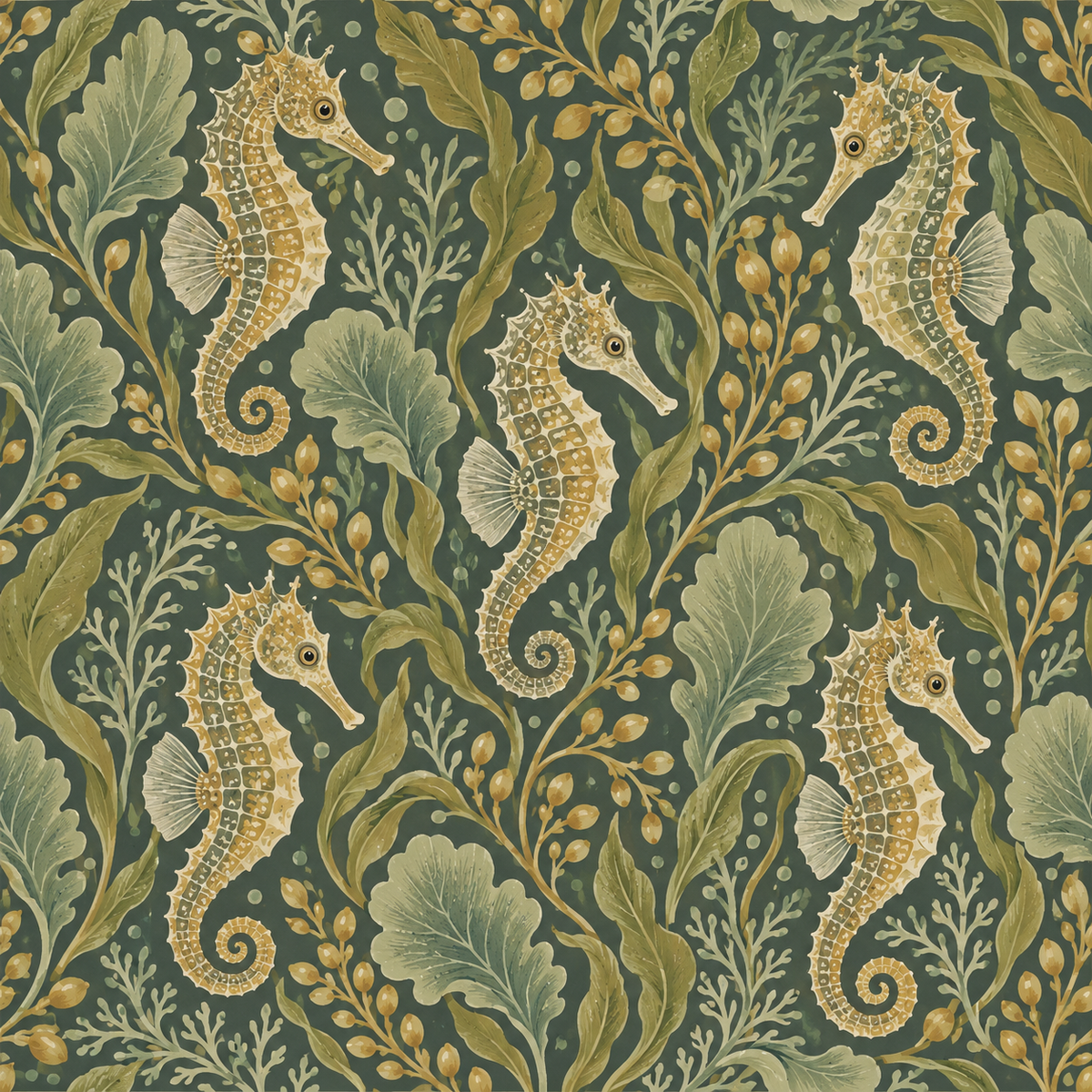 Pattern repeat showing multiple seahorses and sargassum foliage against deep green