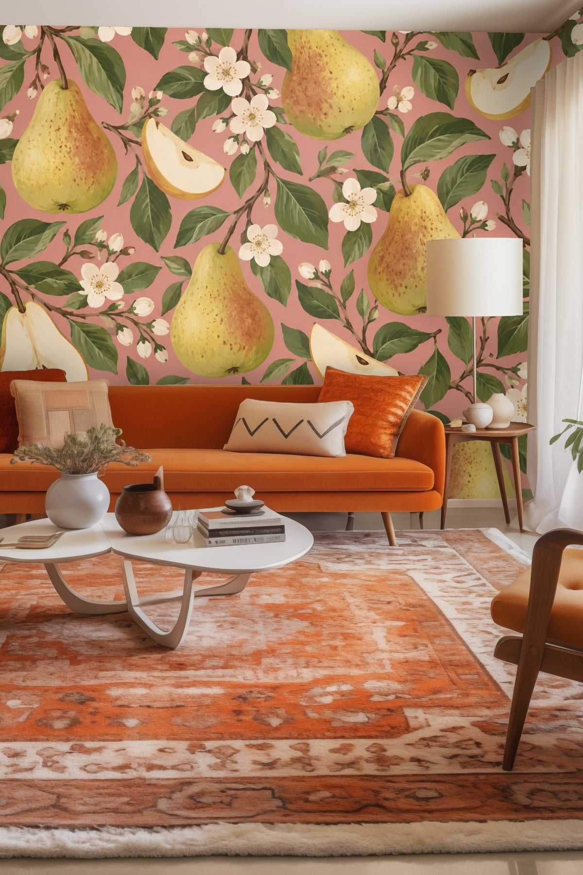 Wallpaper design detail showing pears, pear slices, white blossoms, and green leaves on a pink background.