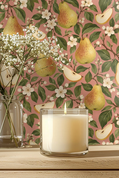 Close-up of single ripe pear and blossoms in wallpaper design.