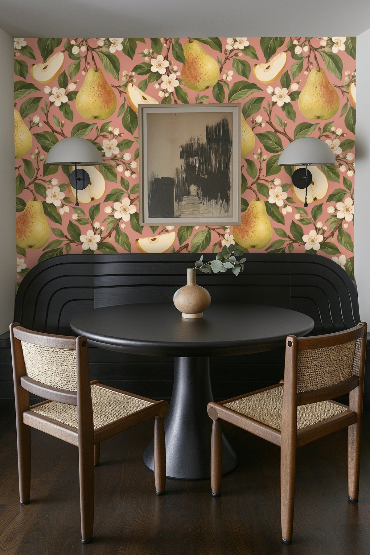 Window framing a view with laundry room sink and pear motif wallpaper.