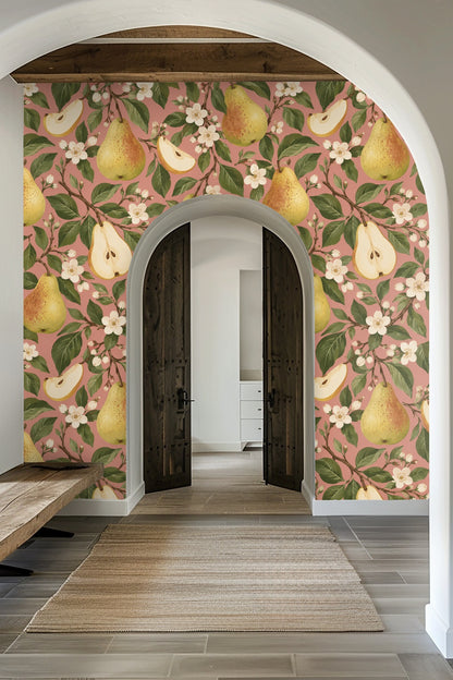Section of wallpaper featuring a pear slice beside white flowers on pink ground.
