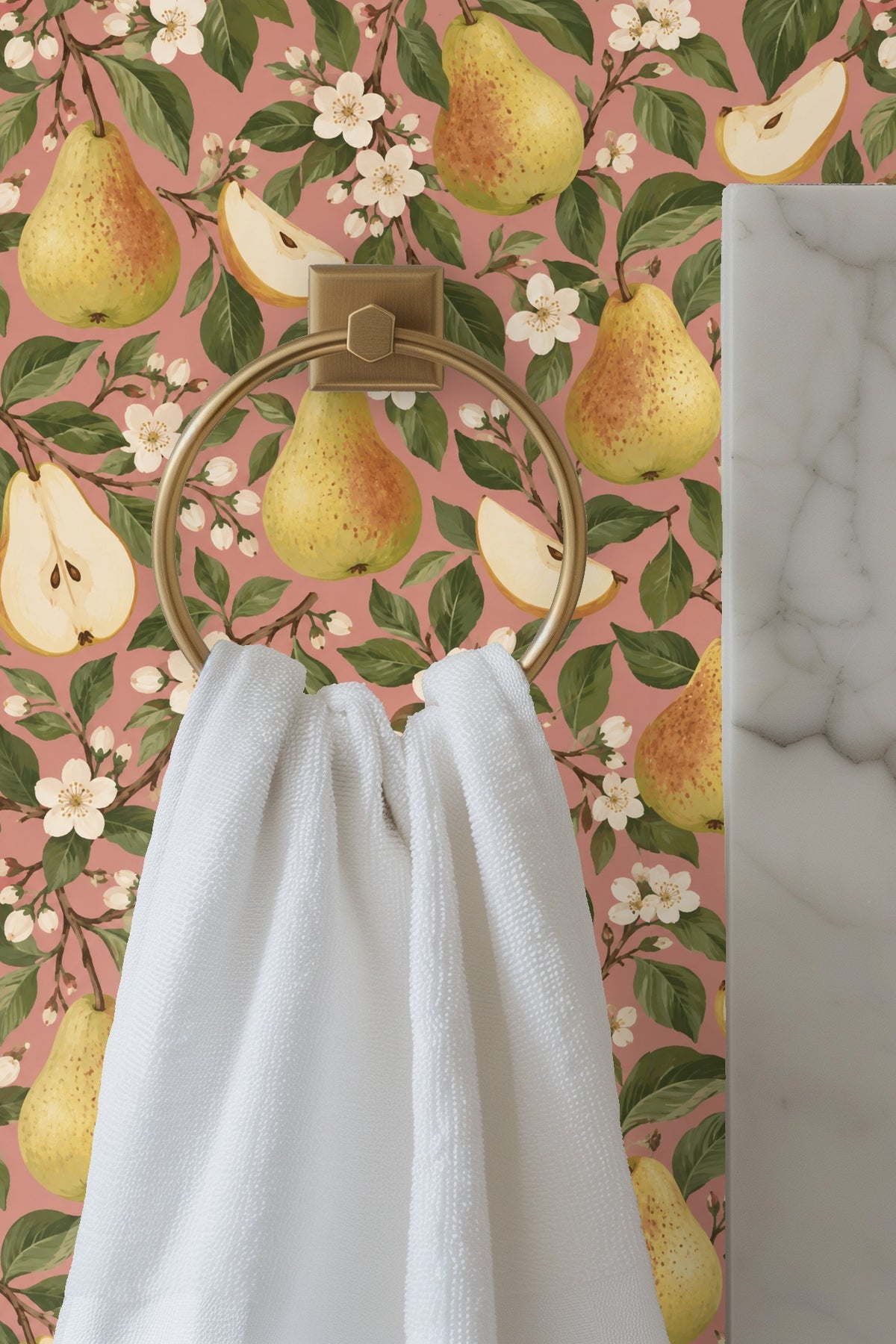 Washer and dryer beneath pear blossom wallpaper with natural light.