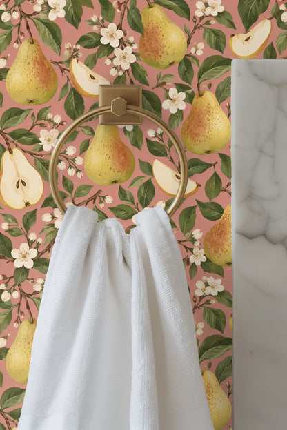 Washer and dryer beneath pear blossom wallpaper with natural light.