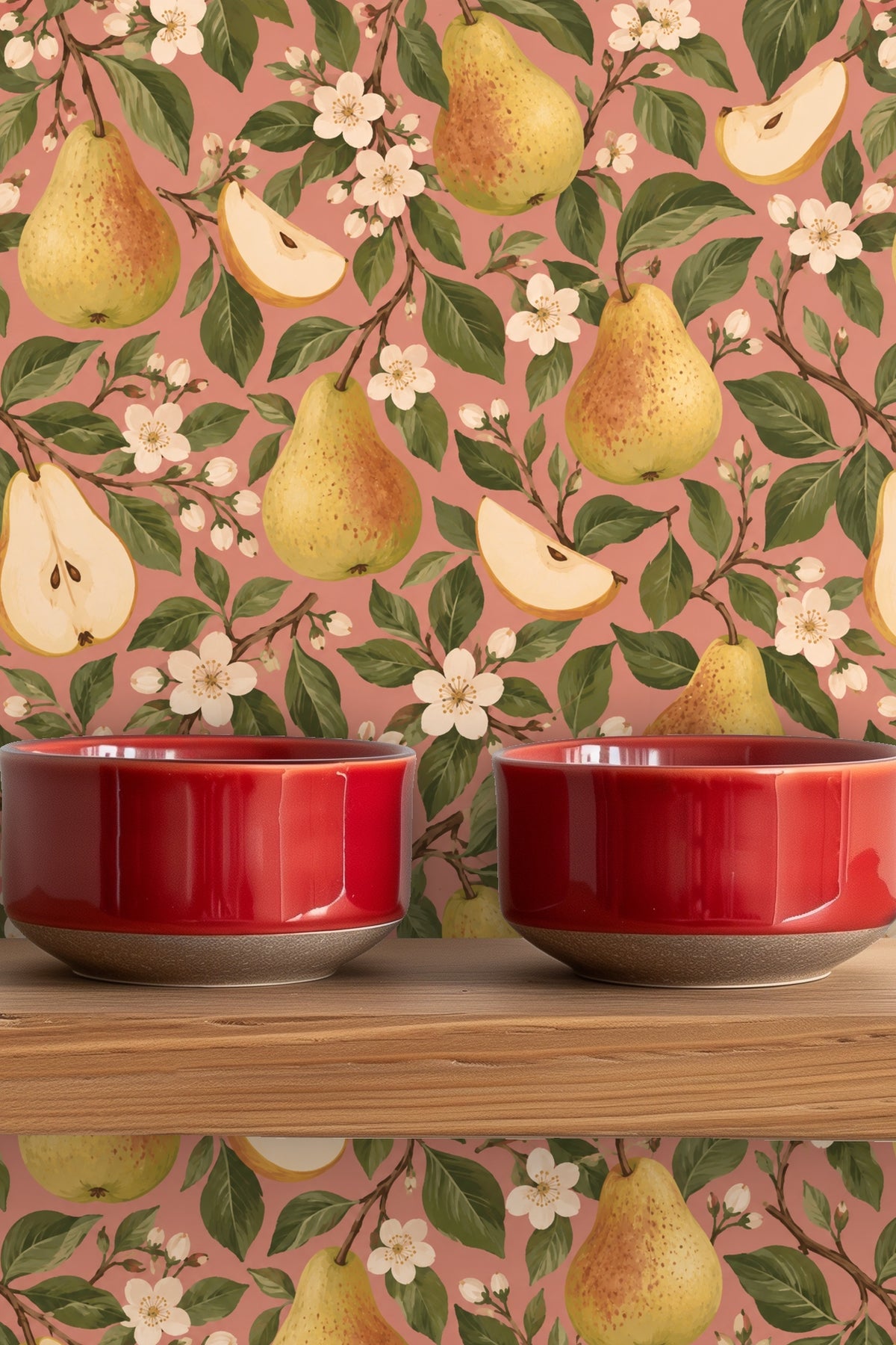 Wallpaper as wall accent behind an orange throw pillow on a couch.
