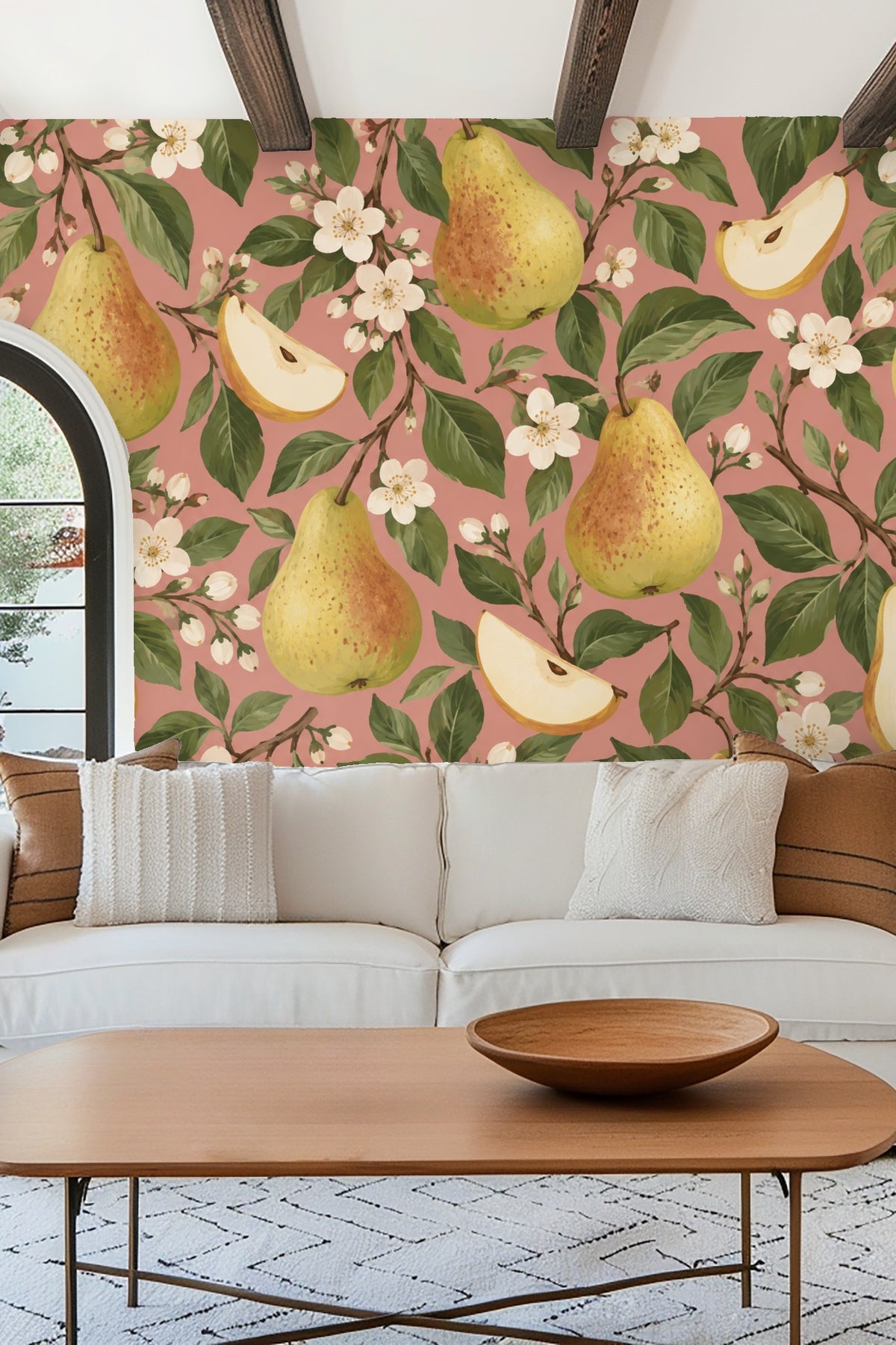 Grouped white blossoms and pears showing painterly shading.