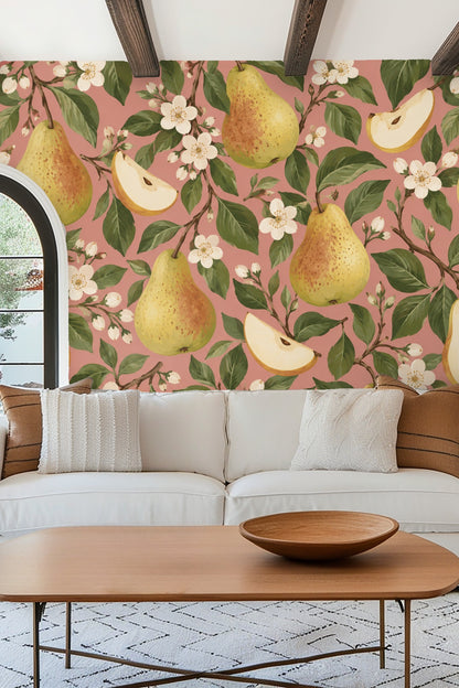 Grouped white blossoms and pears showing painterly shading.