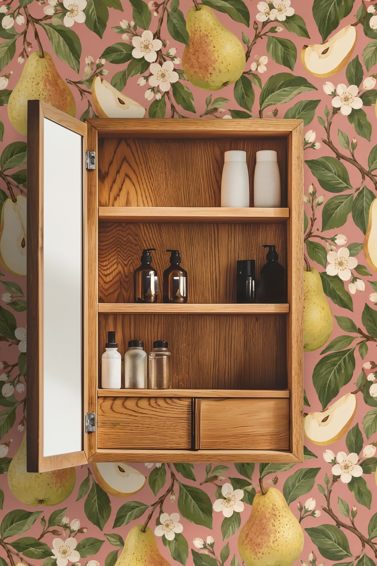 Laundry room with pear blossom wallpaper behind sink and shelves.