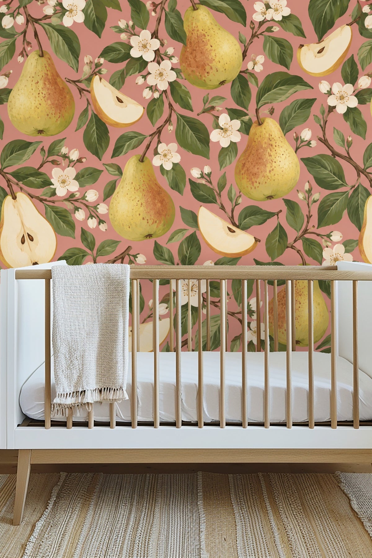 Overall pattern repeat showing multiple pears and blossoms.