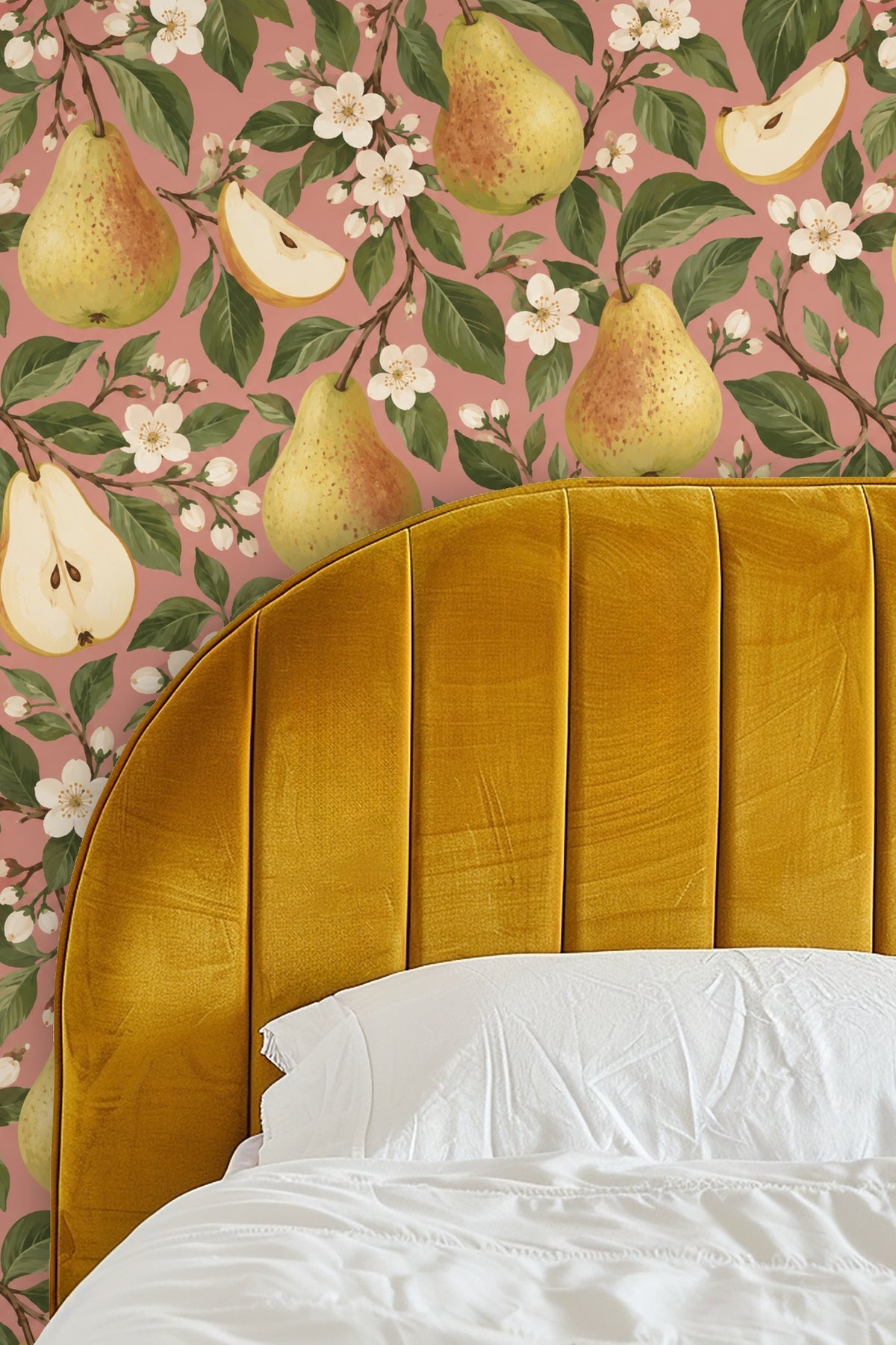 Detail of green leaves and brown branches in pear wallpaper pattern.